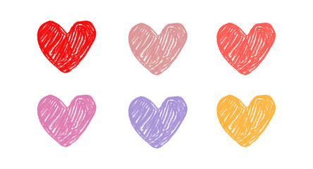 Hand drawn colorful heart set. Cute love symbols in red, pink, purple and yellow, pastel romantic hearts isolated on white background