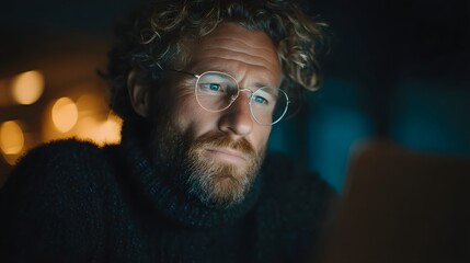 Fototapeta premium Man with glasses is looking at a laptop