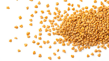 Dried fenugreek seeds scattered on a white background, top view of aromatic spice