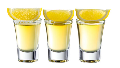 Three shot glasses filled with amber liquid, lemon slices atop, isolated on black