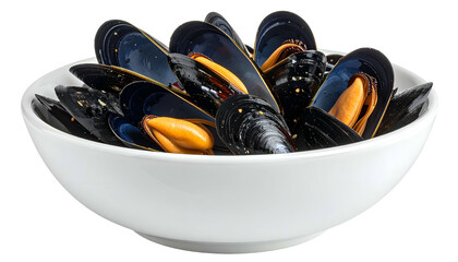 Close-up of steamed mussels in a white bowl, against a transparent backdrop