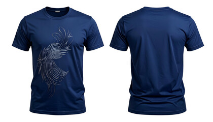 Front and back views of a dark blue athletic T-shirt with a feather-like design