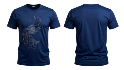 Front and back views of a dark blue athletic T-shirt with a feather-like design