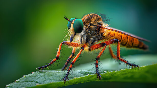 Robber Fly Perched On Green Leaf