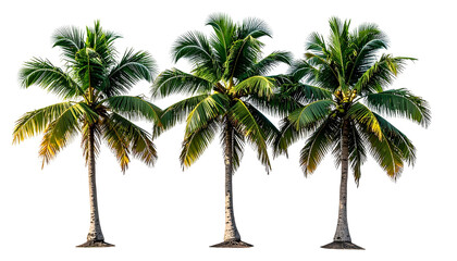 Three vibrant coconut palm trees with lush green fronds, isolated against a void