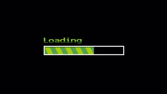 Green 8-Bit Pixel loading Bar Animation, Retro Computer Interface, Ideal for "starting soon" Streams or Game Preload Screens 4k video animation seamless loop