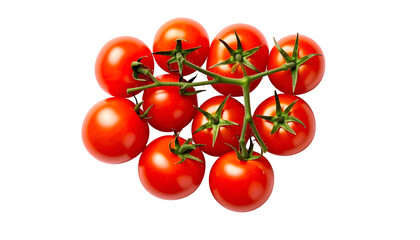 A cluster of ripe, red, round tomatoes attached to a green, leafy vine against black