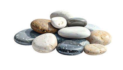 Smooth, rounded stones in varying colors are piled together against a stark black backdrop