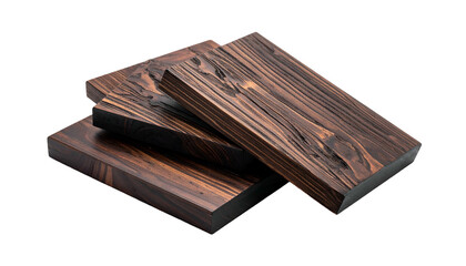 Close-up of three stacked, stained, textured wooden boards isolated on a black background