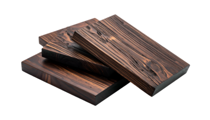 Close-up of three stacked, stained, textured wooden boards isolated on a black background