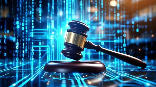 A judge&rsquo;s gavel rests on a sound block amid glowing blue digital lines, symbolizing law in the tech age.
