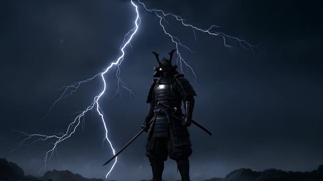 Stormy Confrontation: A Solemn Samurai Figure Set Against Nature's Fury