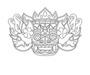 Barong bali mask line design vector,barong mask outline drawing image,barong mask linear design illustration,barong mask line art stock vector 