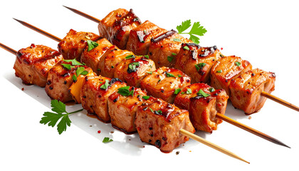 Close-up of grilled meat skewers on a white plate, garnished with parsley