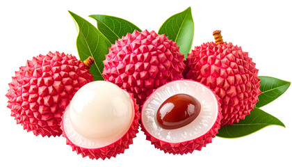 Vibrant close-up of lychees, some whole, others sliced open to reveal their translucent flesh