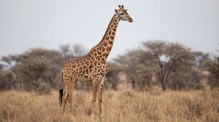 Obraz premium Majestic Giraffe Standing Gracefully Amidst Dried Grass in African Savanna Landscape