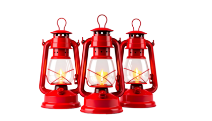 Three lit red vintage lanterns, each with a glowing flame, set against a black backdrop