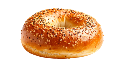 Isolated overhead shot of a classic seeded bagel, with golden crust and distinct ring