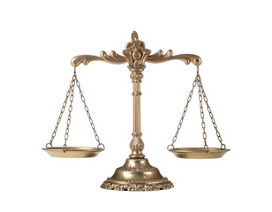 Golden ornate scales of justice balanced on a decorative pedestal symbolizing fairness and law