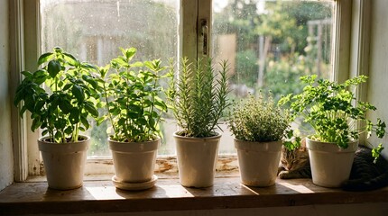 Assorted Herbal Plants Growing in White Pots on a Sunlit Windowsill with Soft Natural Light
