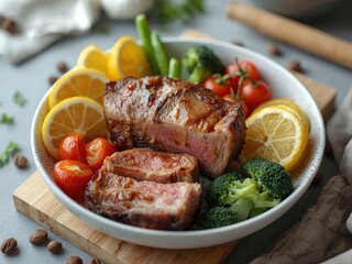 A delicious steak served with fresh vegetables and citrus slices, presented on a wooden cutting board.