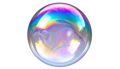 A close-up of a soap bubble with iridescent colors on a black background