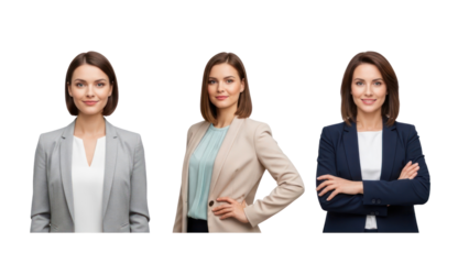 Three businesswomen in different poses and outfits against black background isolated on white transparent png background download