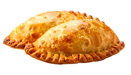 Two golden-brown, baked pastries with crimped edges, on a transparent background
