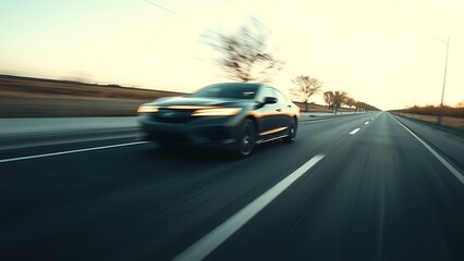 Blurred motion of a car speeding down an empty road, capturing dynamic energy.