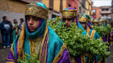 Fototapeta premium Young participants in traditional costume carrying basil plants during Festival de la Albahaca parade