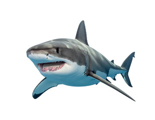 Great white shark suspended in midwater with open jaws and streamlined body