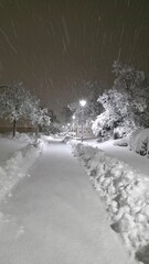 Snow covers a quiet path at night with streetlight casting a glow in a snowy landscape