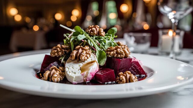Salade de betteraves: beet salad with goat cheese quenelles, toasted walnuts and baby greens, balsamic gloss; white plate over a marble tabletop in an elegant French restaurant