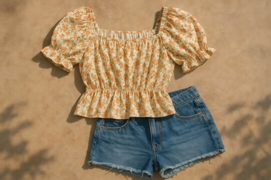 Set of a flowered square neck blouse with puff sleeves and cutoff denim shorts, creating a casual spring and summer fashion look