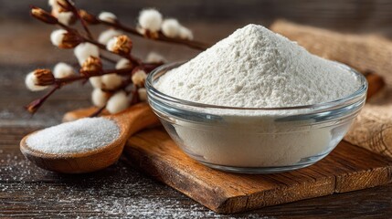 Glass bowl of white flour or protein powder with a spoon of sugar on a rustic wooden background