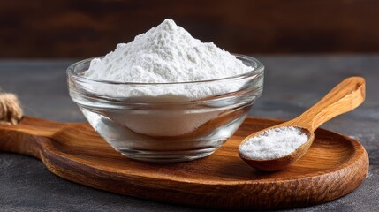 White powder in glass bowl with wooden spoon on rustic wooden board