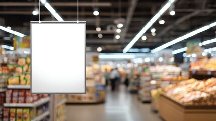 Blank Vertical White Hanging Sign Mockup in a Blurred Supermarket Store Background