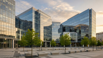 Fototapeta premium Modern Business Architecture, Office Buildings, Urban Landscape, High-Rise Complex, Sunset View, Contemporary Design