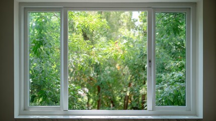 View through a modern white window of a lush green garden with sunlight filtered through tree leaves