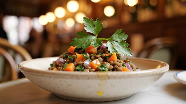 Salade de lentilles du Puy (froide): cool Puy lentil salad with diced carrots, shallots, parsley and Dijon vinaigrette, light olive oil gloss; earthenware bowl in a classic Parisian bistro interior