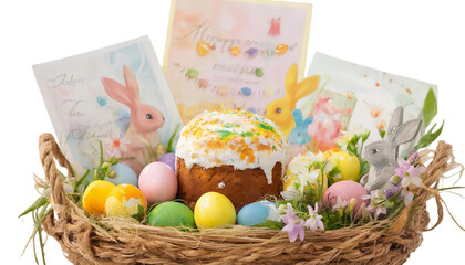Easter basket with Easter cake and eggs on a transparent background