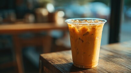 Refreshing Iced Coffee in Plastic Cup on Wooden Table in Cafe