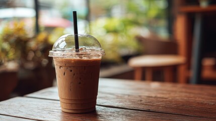 Iced coffee latte in a plastic takeaway cup with a black straw on a wooden table in a cafe