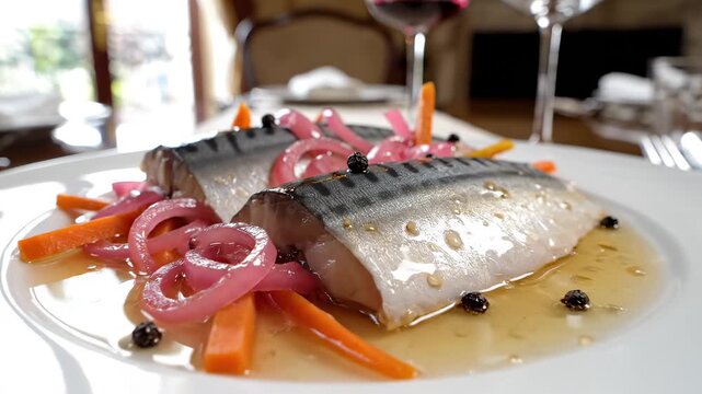 
Maquereaux au vin blanc: marinated mackerel fillets in white wine with pickled onions, carrots and peppercorns, glossy finish; rectangular porcelain plate on a linen runner in a chic French dining 