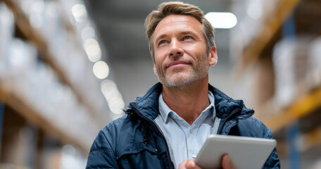 Confident middle-aged man using digital tablet in warehouse with shelves and boxes in background, focused on inventory management