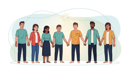 Diverse group of people holding hands in unity representing community and connection with a subtle sunburst and abstract background for concept design