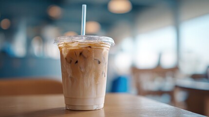 Refreshing iced coffee latte in a clear plastic cup with straw on a wooden table in a blurred cafe background