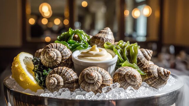 Bulots mayonnaise:  whelks piled on crushed ice in a metal bowl with a ramekin of mayonnaise, seaweed accents and lemon; bistro interior with mirrored wall softly blurred