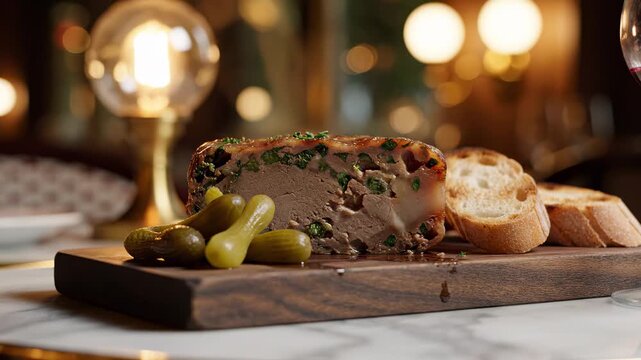 
Terrine de campagne: rustic country terrine slice with visible herbs, coarse texture, accompanied by cornichons and toasted baguette; wooden board on a marble bistro table