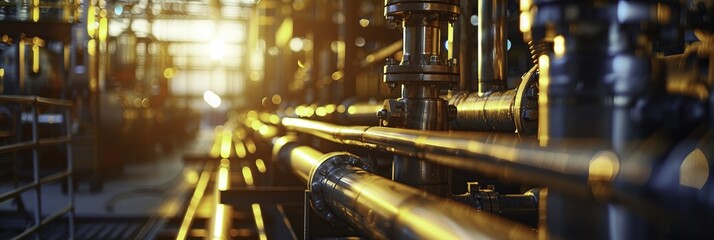 Industrial pipeline system in a factory with warm lighting and metallic structures